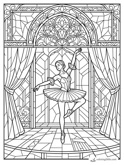 Intricate stained-glass ballerina on pointe beneath an ornate arched window and parted curtains