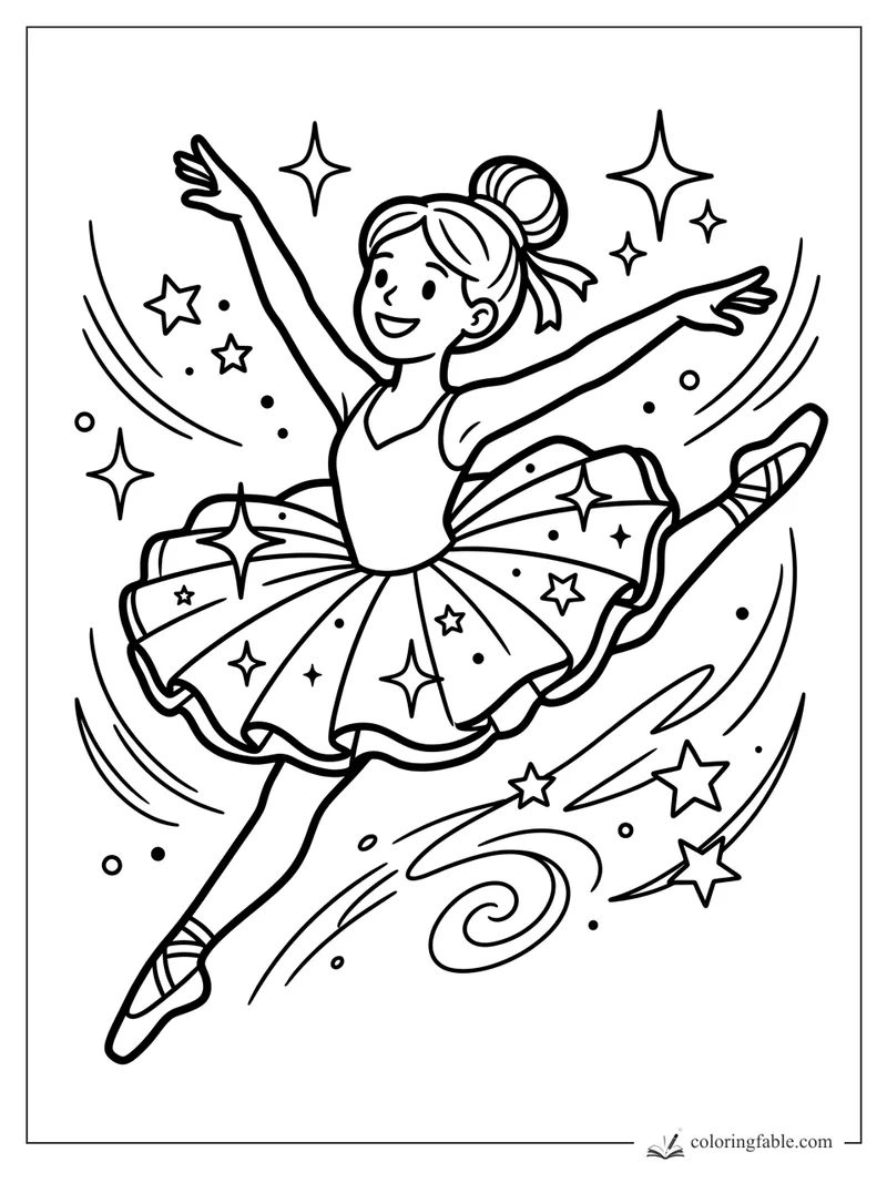 Easy coloring page of a smiling ballerina leaping with a starry tutu and swirling stars