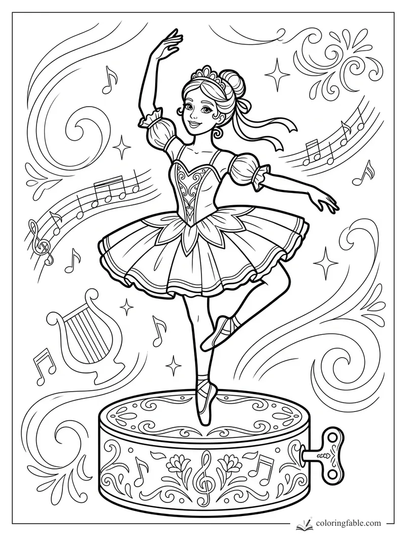 Ballerina music box coloring page with tutu, winding key, harp, swirls, stars, and floating music notes