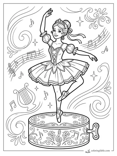 Ballerina music box coloring page with tutu, winding key, harp, swirls, stars, and floating music notes