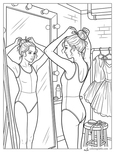 Ballerina fixes her bun in a lighted mirror beside hanging tutus, a stool, and backstage pipes.