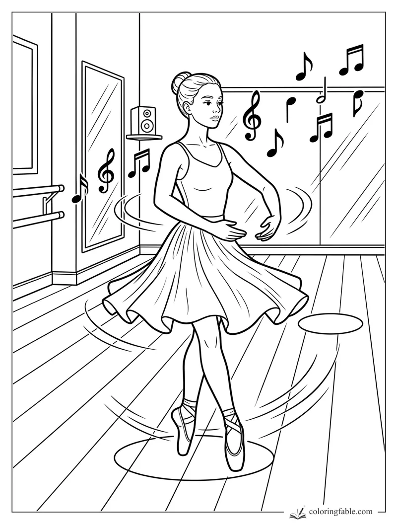 Ballerina twirls in a mirror studio with floating music notes, barre, speaker, and wooden floor.
