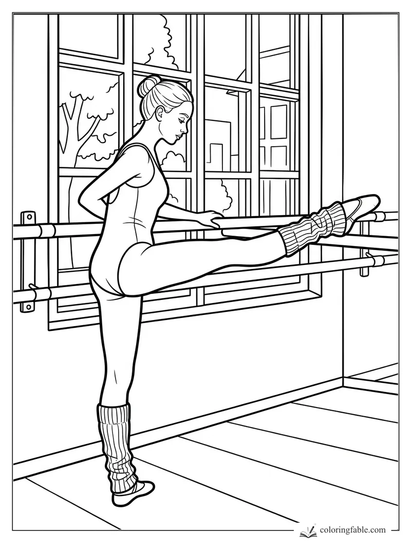 Ballerina in leg warmers stretches one leg on a barre beside tall city windows.