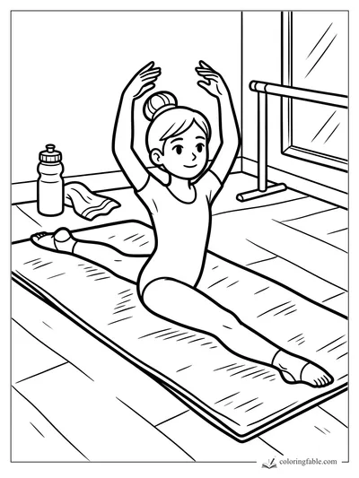 Easy coloring page of a ballerina stretching on a mat with raised arms, barre, mirror, towel, and water bottle.
