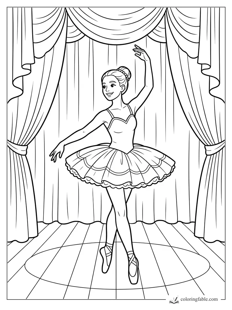Smiling ballerina in a tutu poses en pointe between draped theater curtains on a round stage.