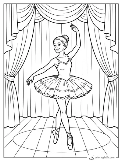 Smiling ballerina in a tutu poses en pointe between draped theater curtains on a round stage.