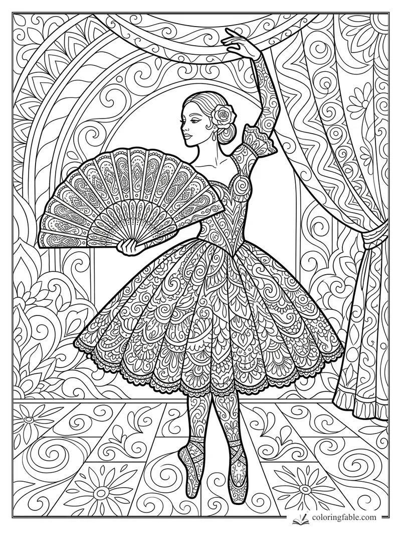 Intricate zentangle ballerina holding a fan beneath draped curtains and floral floor tiles.