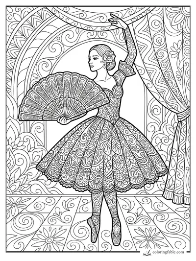 Intricate zentangle ballerina holding a fan beneath draped curtains and floral floor tiles.