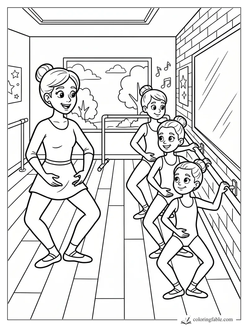 Cartoon ballet teacher and three young dancers practicing pliés at a barre in a mirrored studio.