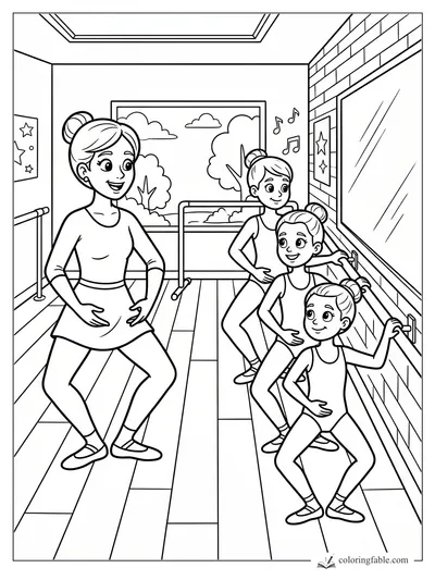 Cartoon ballet teacher and three young dancers practicing pliés at a barre in a mirrored studio.