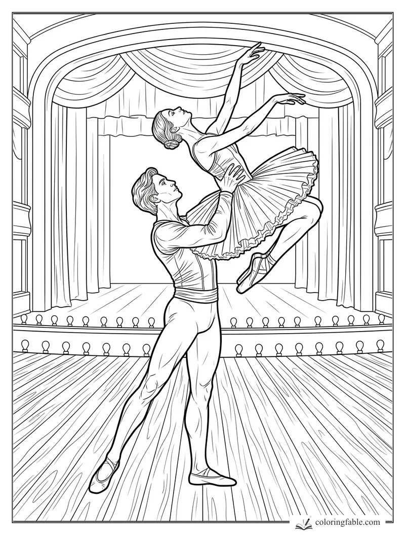 Ballet dancers in a dramatic lift on a theater stage with curtains, footlights, and wooden floorboards.