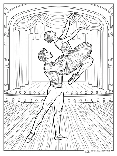 Ballet dancers in a dramatic lift on a theater stage with curtains, footlights, and wooden floorboards.