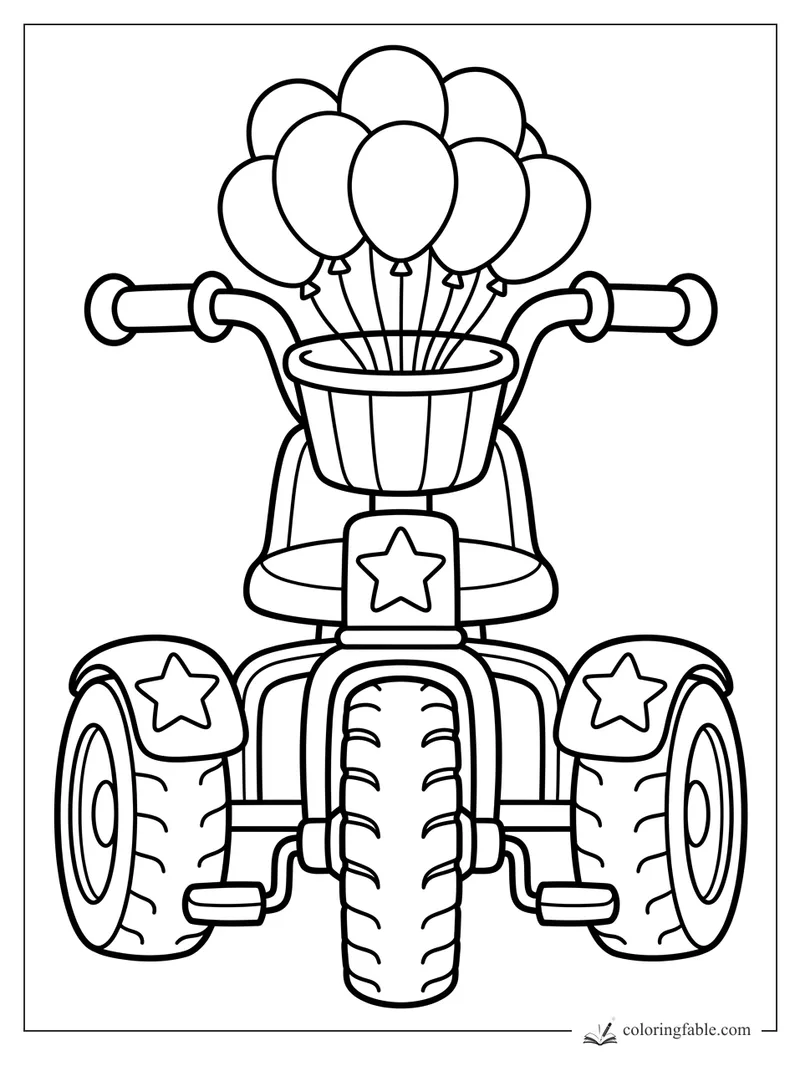 Easy tricycle coloring page with balloons in the basket, chunky tires, pedals, and star fenders.