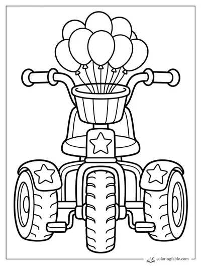 Easy tricycle coloring page with balloons in the basket, chunky tires, pedals, and star fenders.