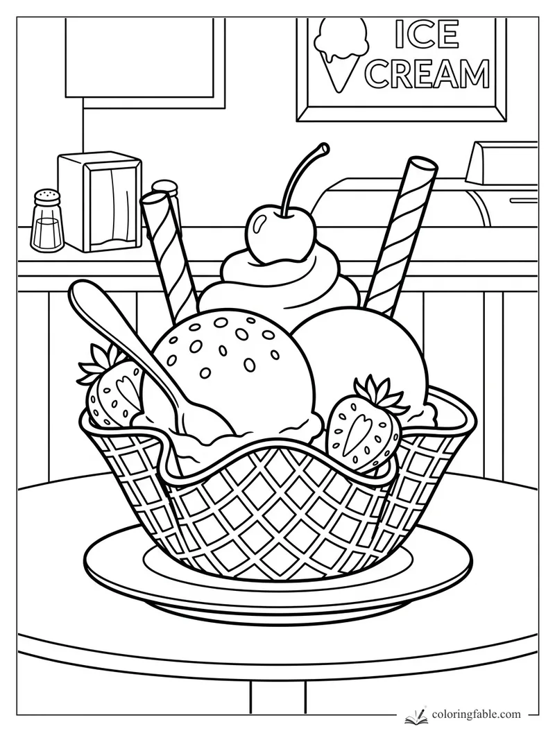 Banana split coloring page with waffle bowl, scoops, strawberries, wafer sticks, spoon, and counter sign