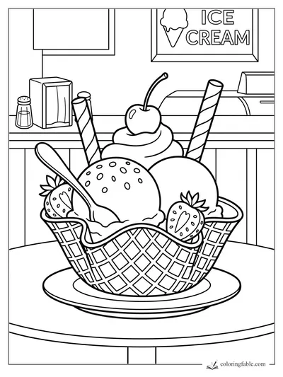 Banana split coloring page with waffle bowl, scoops, strawberries, wafer sticks, spoon, and counter sign