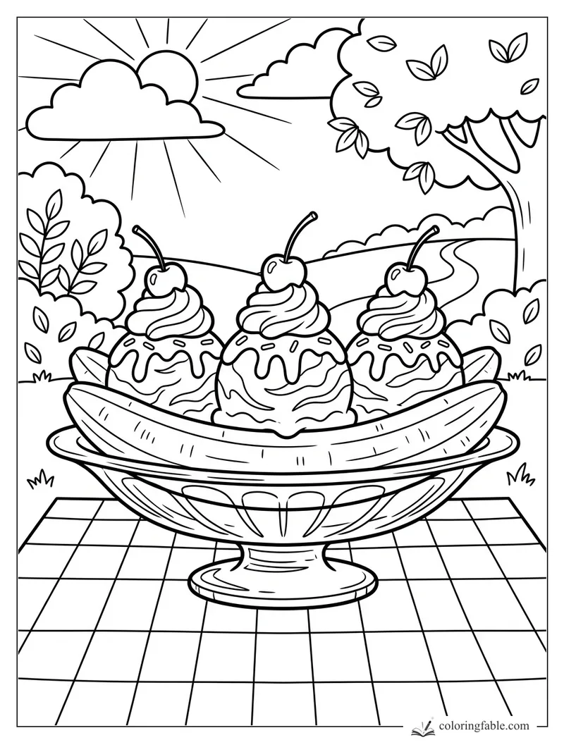 Banana split coloring page with three scoops, whipped cream, cherries, trees, sun, clouds, and tiled patio.