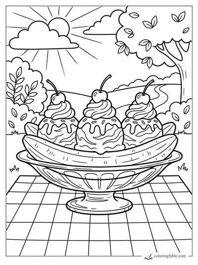 Banana split coloring page with three scoops, whipped cream, cherries, trees, sun, clouds, and tiled patio.