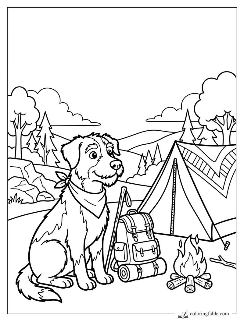 Bandana-wearing dog beside a tent, backpack, walking stick, and campfire in the hills