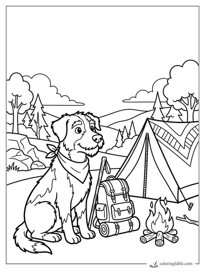 Bandana-wearing dog beside a tent, backpack, walking stick, and campfire in the hills
