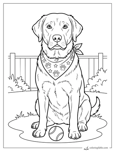 Friendly dog in a paw-print bandana sitting by a tennis ball in a fenced yard.