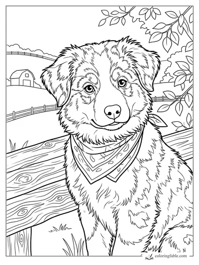 Realistic puppy in a patterned bandana sitting by a wooden fence, with barn, hills, and leafy branches.