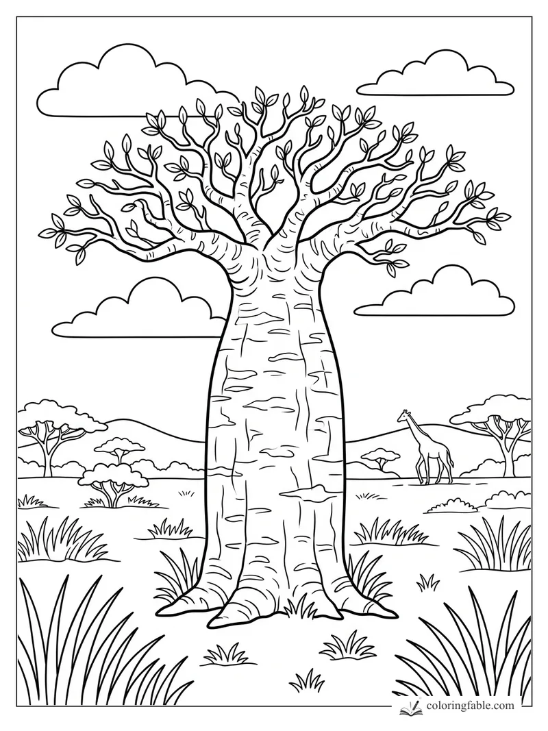 Coloring page of a wide baobab tree with bare branches, small leaves, clouds, grasses, and a distant giraffe.