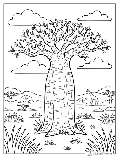Coloring page of a wide baobab tree with bare branches, small leaves, clouds, grasses, and a distant giraffe.