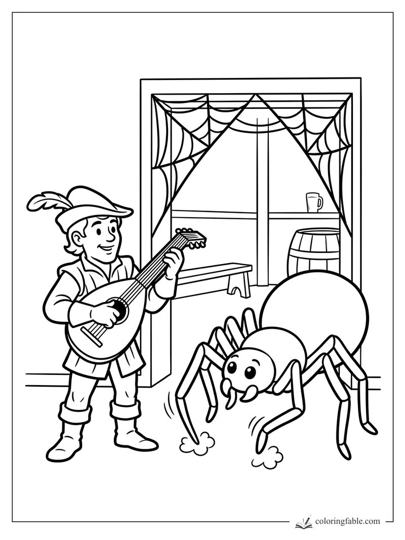 Smiling bard with a lute plays beside a cute giant spider in a cobwebbed tavern doorway.