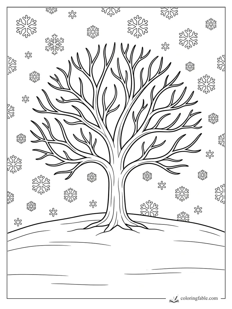 Bare winter tree on a snowy hill with large and small falling snowflakes