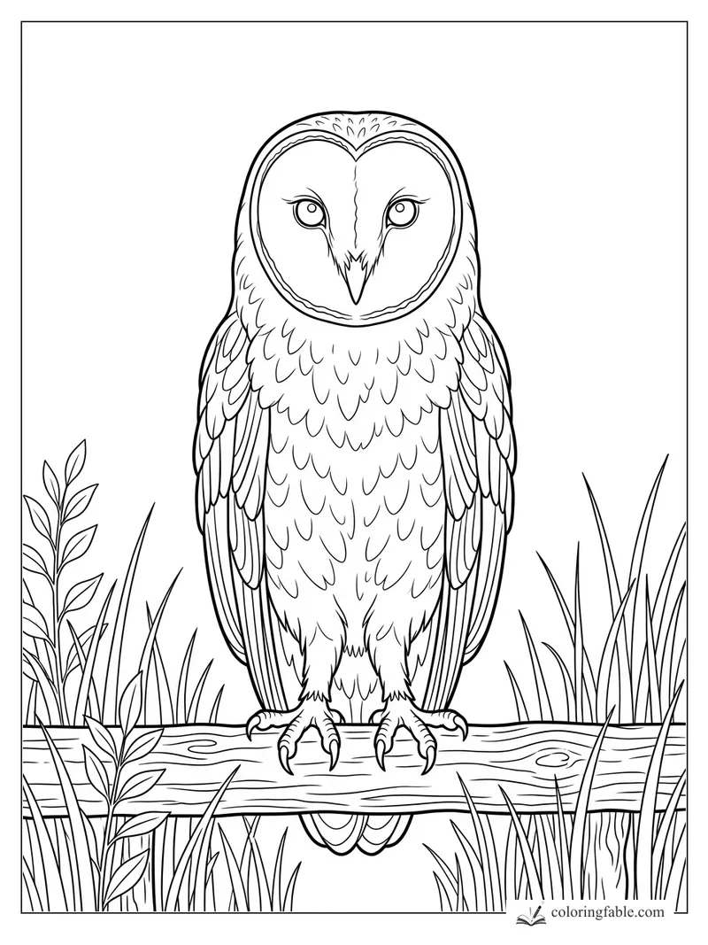 Realistic barn owl perched on a wooden fence rail among tall grass and leafy stems.