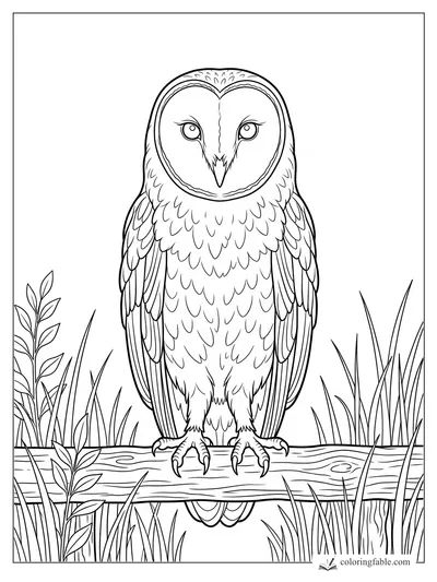 Realistic barn owl perched on a wooden fence rail among tall grass and leafy stems.