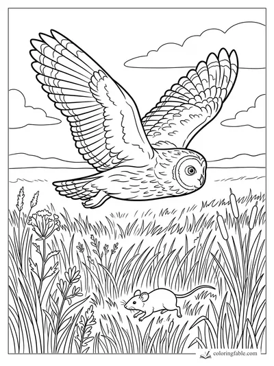 Barn owl flying low over tall grass, cattails, wildflowers, and a field mouse.