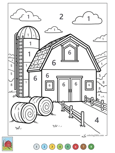Barn, Silo, and Hay Bales by the Fence — color by number