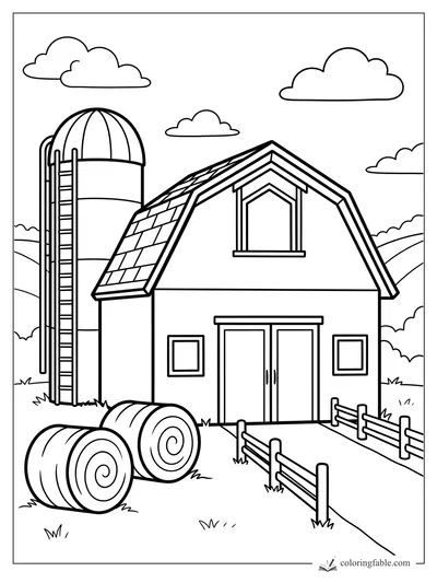 Easy farm coloring page with a barn, tall silo, two hay bales, fence, path, hills, and clouds.