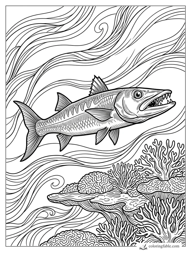 Intricate barracuda coloring page with sharp teeth, striped scales, coral, and swirling ocean currents