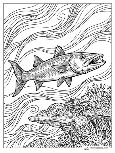 Intricate barracuda coloring page with sharp teeth, striped scales, coral, and swirling ocean currents