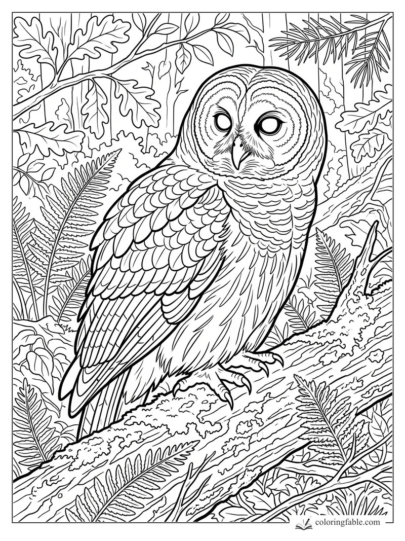 Realistic barred owl perched on a mossy branch among ferns, oak leaves, and pine needles