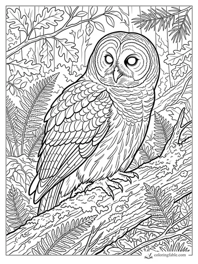 Realistic barred owl perched on a mossy branch among ferns, oak leaves, and pine needles