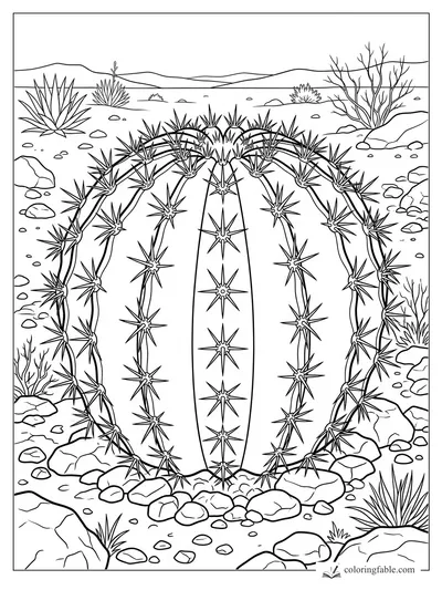 Realistic barrel cactus with long spines, desert rocks, agave plants, bare shrub, and distant hills