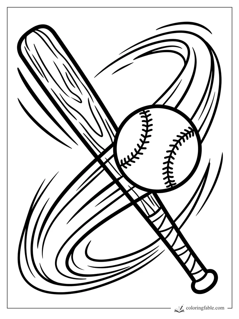 Easy baseball coloring page with a wooden bat, stitched ball, and bold curved swing lines.