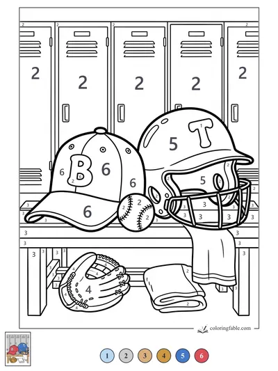 Baseball Gear on the Locker Room Bench — color by number