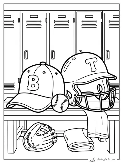 Baseball cap, batting helmet, ball, glove, and folded uniform on a locker room bench