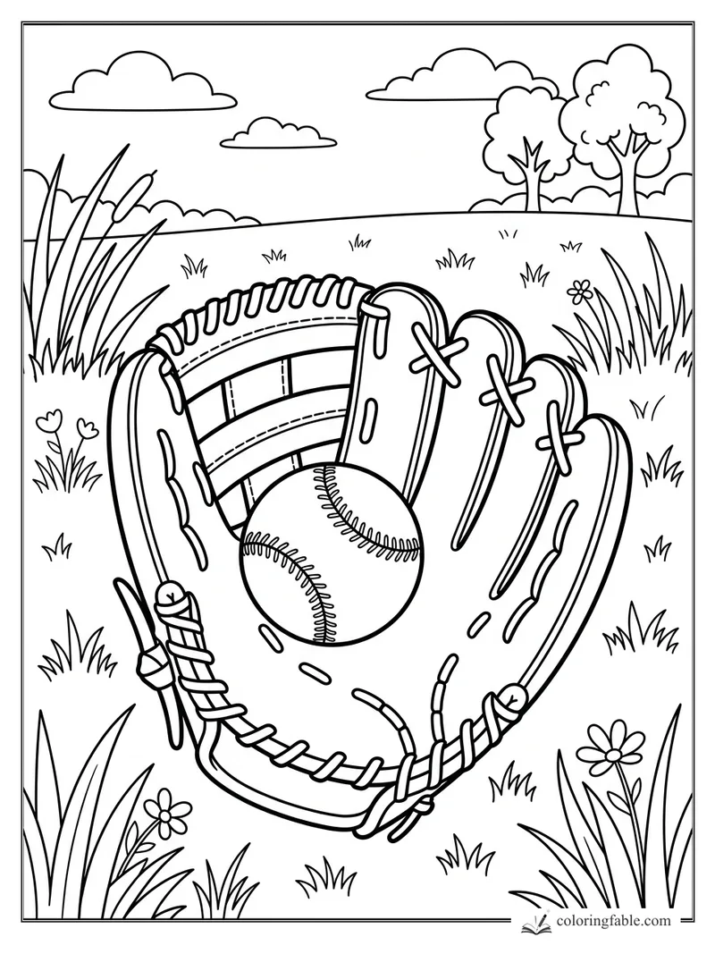 Cartoon baseball glove holding a ball in tall summer grass with flowers, clouds, and distant trees