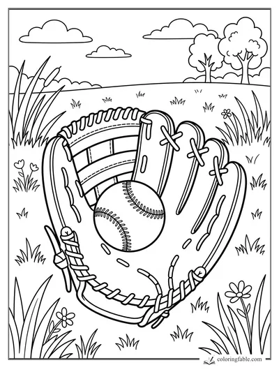 Cartoon baseball glove holding a ball in tall summer grass with flowers, clouds, and distant trees