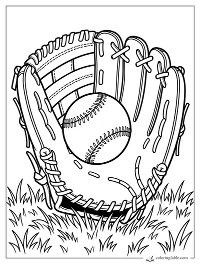 Baseball sitting inside an open leather glove in tall grass coloring page