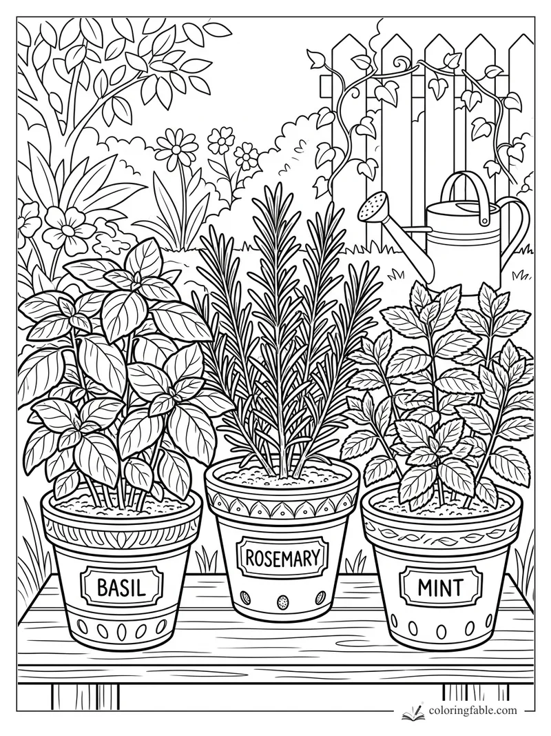 Labeled basil, rosemary, and mint pots on a wooden bench with watering can, vines, flowers, and fence