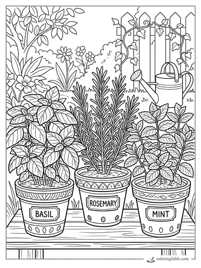 Labeled basil, rosemary, and mint pots on a wooden bench with watering can, vines, flowers, and fence