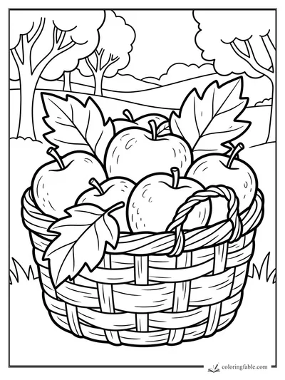 Bold easy coloring page of apples and maple leaves in a woven basket under fall trees.