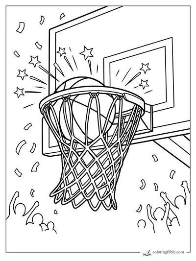 Basketball dropping through a hoop as stars, confetti, and cheering fans fill the court